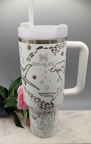 Original Stanley Sharks tumbler, ocean theme gift Engraved tumbler 40oz Double Wall Insulated Tumbler with Handles