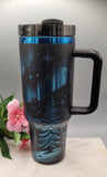 Northern lights tumbler, wilderness tumbler - Black on rainbow base  40oz Double Wall Insulated Tumbler with Handles Mountains