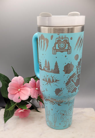 Dinosaur Park, Jeep, Off road 40oz Double Wall Insulated Tumbler with Handles Gift for mom, Granny, sister, Niece