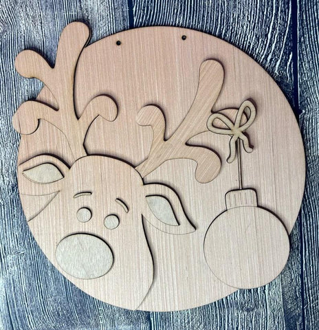 DIY Paint Your Own Rudolph Reindeer with Ornament Christmas Welcome Wooden Door Sign Kit  Make Your Own Sign Wood Blank for Home Decor