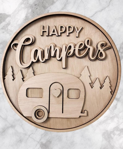 DIY Paint Your Own Happy Camper  Wooden Welcome Door Sign Kit  Make Your Own Front Door Sign  Unpainted Wood Blank for Custom Home Decor