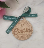 Cousin Homemade Wooden Christmas Bauble  Personalized Ornament, Rustic Holiday Tree Decoration, Engraved Gift, Eco Friendly Xmas Decor