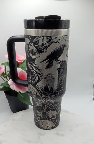 Graveyard, crows, Halloween, skulls,  40oz Double Wall Insulated Tumbler with Handles Gift
