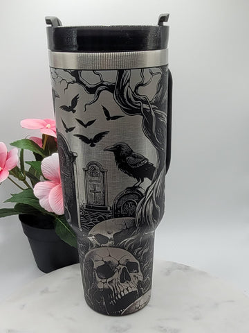 Graveyard, crows, Halloween, skulls,  40oz Double Wall Insulated Tumbler with Handles Gift