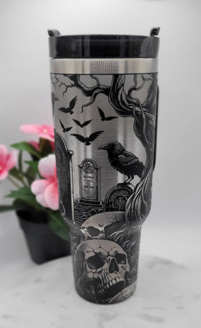 Graveyard, crows, Halloween, skulls,  40oz Double Wall Insulated Tumbler with Handles Gift
