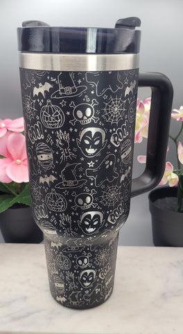 Monster mash up, Halloween, skulls, tattoo 40oz Double Wall Insulated Tumbler with Handles Gift for mom, Granny, sister, Niece