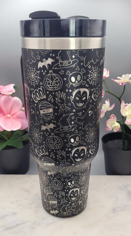 Monster mash up, Halloween, skulls, tattoo 40oz Double Wall Insulated Tumbler with Handles Gift for mom, Granny, sister, Niece