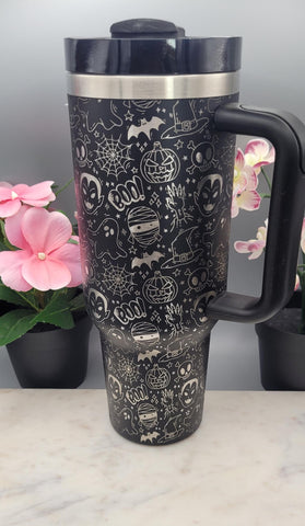 Monster mash up, Halloween, skulls, tattoo 40oz Double Wall Insulated Tumbler with Handles Gift for mom, Granny, sister, Niece