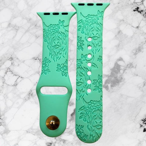 Engraved Floral Highland cow Gift Design for Apple Watch Silicone Sports Band/Strap  38mm/40mm/41mm/42mm/44mm/45mm/46mm/49mm