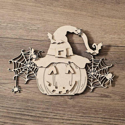 DIY Paint Your Own Halloween Pumpkin with Bats Wooden Craft Kit for Kids & Adults, Pumpkin with Witches hat Spooky Fall DIY Halloween Decor