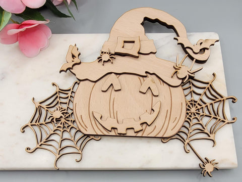 DIY Paint Your Own Halloween Pumpkin with Bats Wooden Craft Kit for Kids & Adults, Pumpkin with Witches hat Spooky Fall DIY Halloween Decor