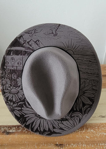 Ocean vibes Burned Hat, Beach Engraved Burned Cowboy Hat: Engraved Suede/Felt Boho Fedora, Felt Wide brim hat
