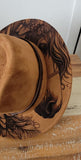 Horse Burned Hat, Floral Burned Wildflower Cowboy Hat: Engraved Suede/Felt Boho Fedora, Felt Wide brim hat