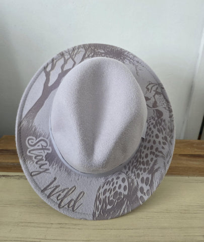 Cheetah Burned Hat, African Safari Burned Animal Cowboy Hat: Engraved Sued/Felt Boho Fedora, Felt Wide brim hat