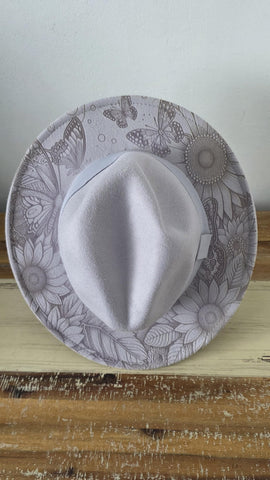 Butterfly garden Burned Hat,Safari Burned, flowers Cowboy Hat: Engraved Suede/felt Boho Fedora, Felt Wide brim hat