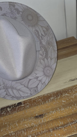 Butterfly garden Burned Hat,Safari Burned, flowers Cowboy Hat: Engraved Suede/felt Boho Fedora, Felt Wide brim hat