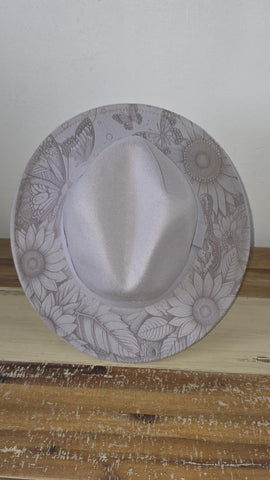 Butterfly garden Burned Hat,Safari Burned, flowers Cowboy Hat: Engraved Suede/felt Boho Fedora, Felt Wide brim hat