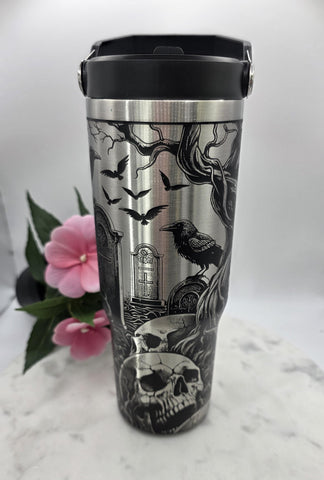 Graveyard Crows Halloween Tumbler: 30oz Double Wall Insulated Stainless Steel tumbler bottle