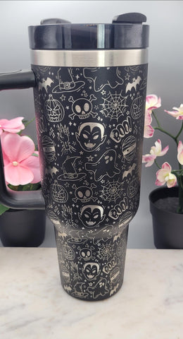 Monster mash up, Halloween, skulls, tattoo 40oz Double Wall Insulated Tumbler with Handles Gift for mom, Granny, sister, Niece
