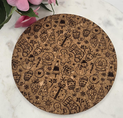 Cork Christmas doodles Laser Engraved Cork Trivet: Kitchen Decor Pot Holder Gift, Personalized Housewarming Wedding Hot Pad