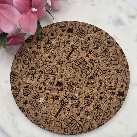 Cork Christmas doodles Laser Engraved Cork Trivet: Kitchen Decor Pot Holder Gift, Personalized Housewarming Wedding Hot Pad