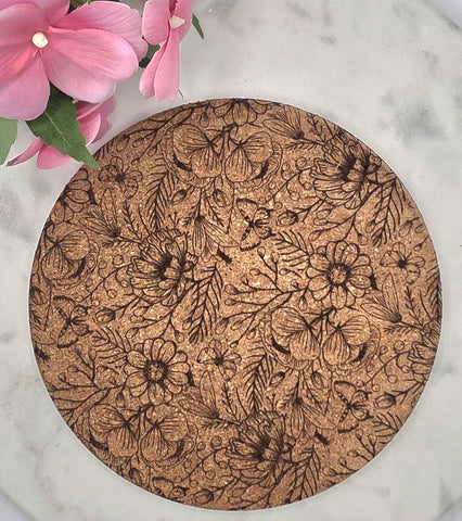 Cork Wildflowers and butterflies Laser Engraved Cork Trivet: Kitchen Decor Pot Holder Gift, Personalized Housewarming Wedding Hot Pad