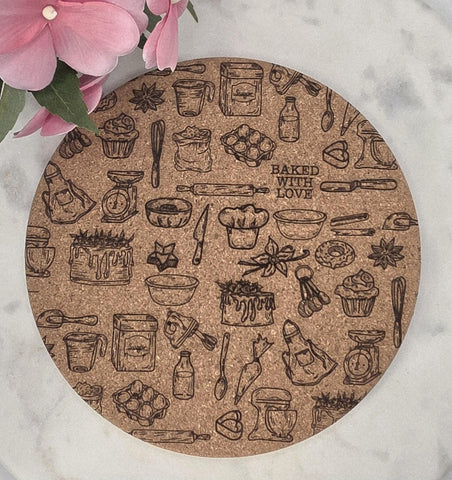 Cork Baked with Love Laser Engraved Cork Trivet: Kitchen Decor Pot Holder Gift, Personalized Housewarming Wedding Hot Pad