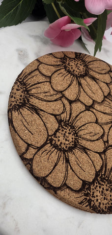 Cork Daisy  flowers Laser Engraved Cork Trivet: Kitchen Decor Pot Holder Gift, Personalized Housewarming Wedding Hot Pad