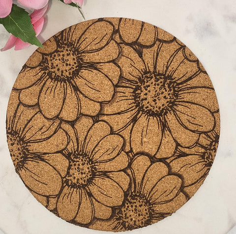 Cork Daisy  flowers Laser Engraved Cork Trivet: Kitchen Decor Pot Holder Gift, Personalized Housewarming Wedding Hot Pad