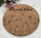Cork Mum's  Kitchen Laser Engraved Cork Trivet: Kitchen Decor Pot Holder Gift, Personalized Housewarming Wedding Hot Pad