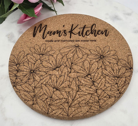 Cork Mum's  Kitchen Laser Engraved Cork Trivet: Kitchen Decor Pot Holder Gift, Personalized Housewarming Wedding Hot Pad