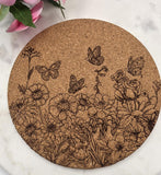 Cork Wildflowers and Butterflies Laser Engraved Cork Trivet: Kitchen Decor Pot Holder Gift, Personalized Housewarming Wedding Hot Pad