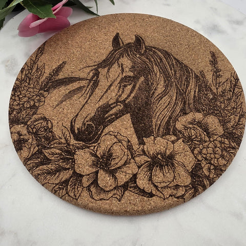 Cork Horse and flowers Laser Engraved Cork Trivet: Kitchen Decor Pot Holder Gift, Personalized Housewarming Wedding Hot Pad