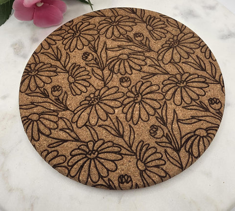 Cork Retro Daisys Laser Engraved Cork Trivet: Kitchen Decor Pot Holder Gift, Personalized Housewarming Wedding Hot Pad