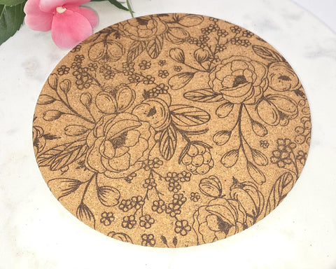 Cork wildflowers Laser Engraved Cork Trivet: Kitchen Decor Pot Holder Gift, Personalized Housewarming Wedding Hot Pad
