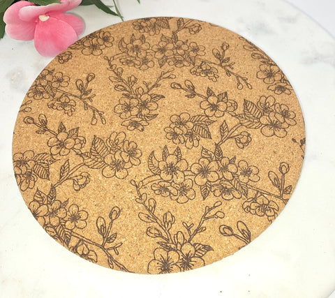 Cork cherry Blossoms Laser Engraved Cork Trivet: Kitchen Decor Pot Holder Gift, Personalized Housewarming Wedding Hot Pad