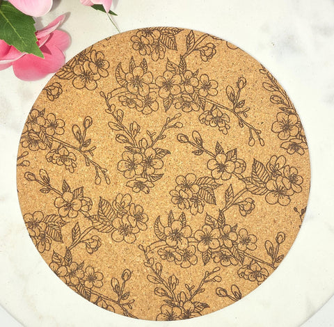 Cork cherry Blossoms Laser Engraved Cork Trivet: Kitchen Decor Pot Holder Gift, Personalized Housewarming Wedding Hot Pad