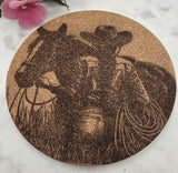 Cork Cowgirl and horse Laser Engraved Cork Trivet: Kitchen Decor Pot Holder Gift, Personalized Housewarming Wedding Hot Pad