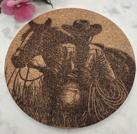 Cork Cowgirl and horse Laser Engraved Cork Trivet: Kitchen Decor Pot Holder Gift, Personalized Housewarming Wedding Hot Pad