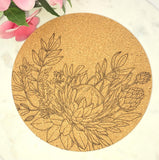 Cork South African Protea Laser Engraved Cork Trivet: Kitchen Decor Pot Holder Gift, Personalized Housewarming Wedding Hot Pad
