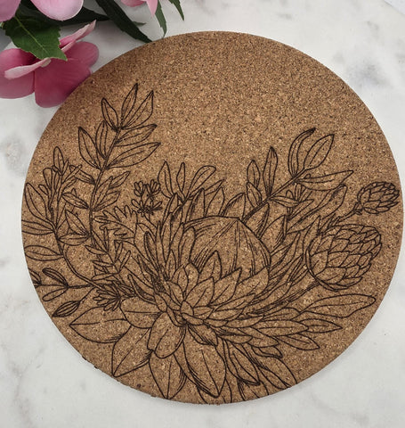 Cork South African Protea Laser Engraved Cork Trivet: Kitchen Decor Pot Holder Gift, Personalized Housewarming Wedding Hot Pad
