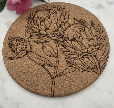 Cork South African Protea Laser Engraved Cork Trivet: Kitchen Decor Pot Holder Gift, Personalized Housewarming Wedding Hot Pad