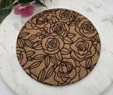 Cork Roses Laser Engraved Cork Trivet: Kitchen Decor Pot Holder Gift, Personalized Housewarming Wedding Hot Pad