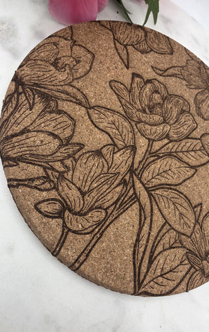 Cork Magnolias Laser Engraved Cork Trivet: Kitchen Decor Pot Holder Gift, Personalized Housewarming Wedding Hot Pad