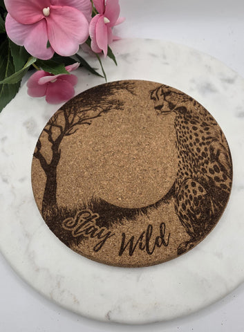 Cork African Safari Cheetah Laser Engraved Cork Trivet: Kitchen Decor Pot Holder Gift, Personalized Housewarming Wedding Hot Pad