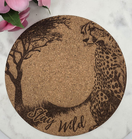 Cork African Safari Cheetah Laser Engraved Cork Trivet: Kitchen Decor Pot Holder Gift, Personalized Housewarming Wedding Hot Pad