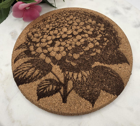 Cork Hydrangea Flowers Laser Engraved Cork Trivet: Kitchen Decor Pot Holder Gift, Personalized Housewarming Wedding Hot Pad