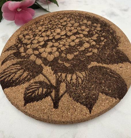 Cork Hydrangea Flowers Laser Engraved Cork Trivet: Kitchen Decor Pot Holder Gift, Personalized Housewarming Wedding Hot Pad