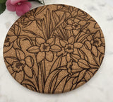 Cork Daffodils Laser Engraved Cork Trivet: Kitchen Decor Pot Holder Gift, Personalized Housewarming Wedding Hot Pad