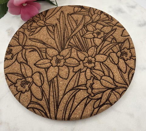 Cork Daffodils Laser Engraved Cork Trivet: Kitchen Decor Pot Holder Gift, Personalized Housewarming Wedding Hot Pad